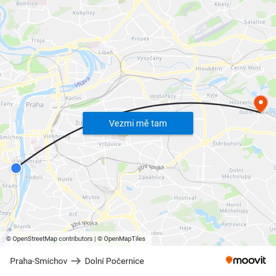 Praha-Smíchov to Dolní Počernice map