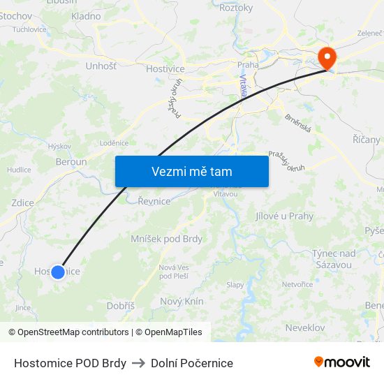 Hostomice POD Brdy to Dolní Počernice map