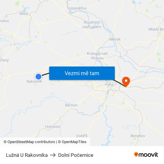 Lužná U Rakovníka to Dolní Počernice map