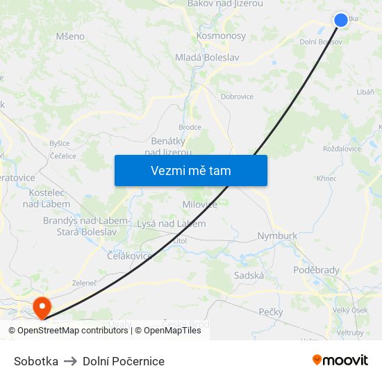 Sobotka to Dolní Počernice map