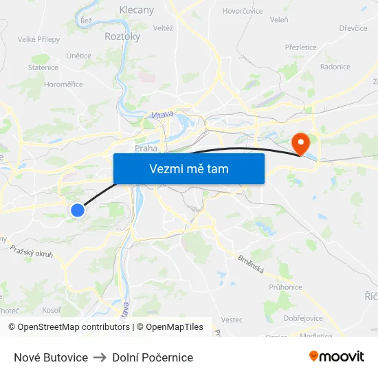 Nové Butovice to Dolní Počernice map