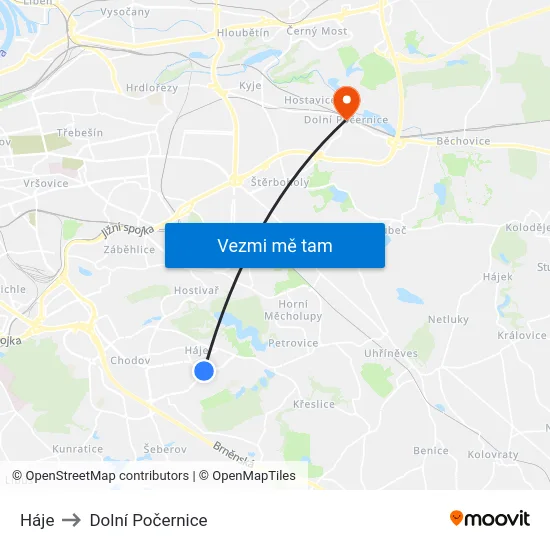 Háje to Dolní Počernice map