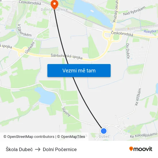 Škola Dubeč to Dolní Počernice map