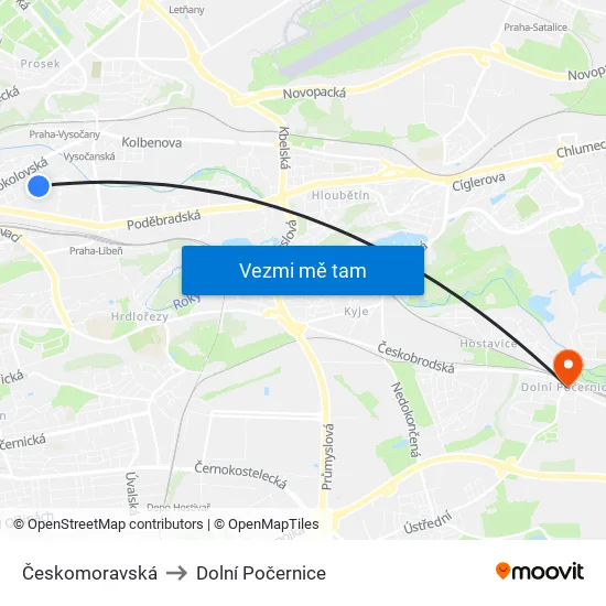 Českomoravská to Dolní Počernice map