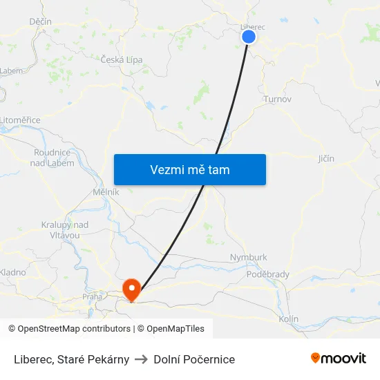 Liberec, Staré Pekárny to Dolní Počernice map