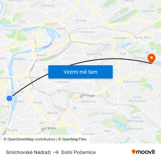 Smíchovské Nádraží to Dolní Počernice map