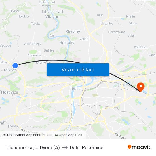 Tuchoměřice, U Dvora (A) to Dolní Počernice map