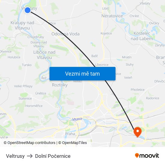 Veltrusy (A) to Dolní Počernice map