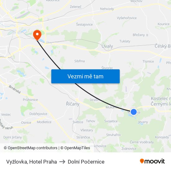 Vyžlovka, Hotel Praha to Dolní Počernice map