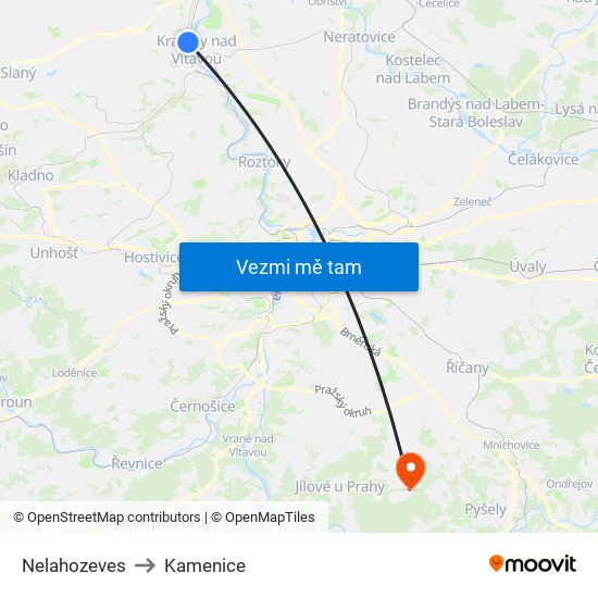 Nelahozeves to Kamenice map