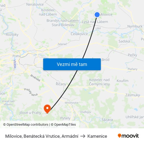 Milovice, Benátecká Vrutice, Armádní to Kamenice map