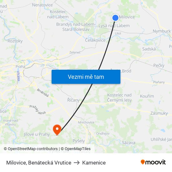 Milovice, Benátecká Vrutice to Kamenice map