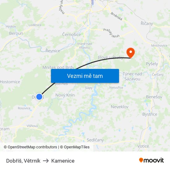 Dobříš, Větrník to Kamenice map