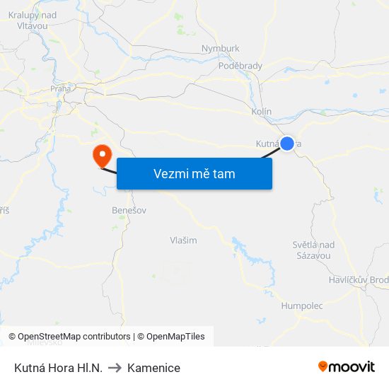 Kutná Hora Hl.N. to Kamenice map