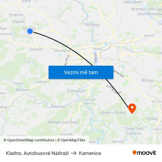 Kladno, Autobusové Nádraží (1) to Kamenice map