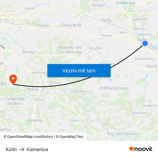 Kolín to Kamenice map