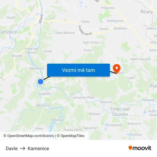 Davle to Kamenice map