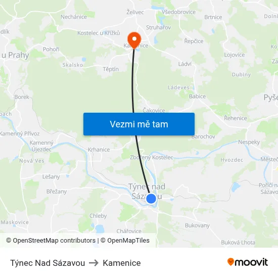 Týnec Nad Sázavou to Kamenice map