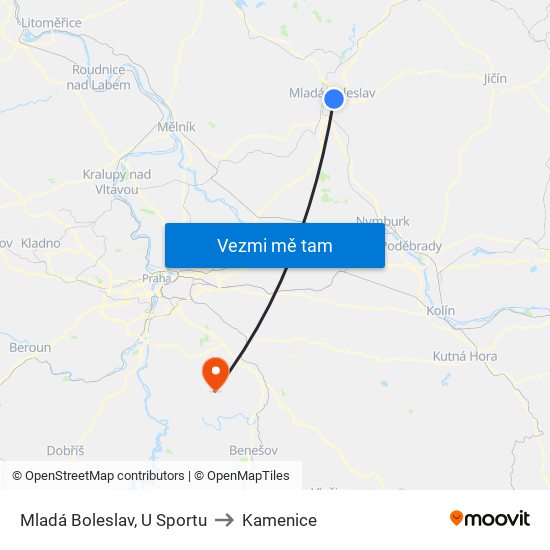 Mladá Boleslav, U Sportu (A) to Kamenice map