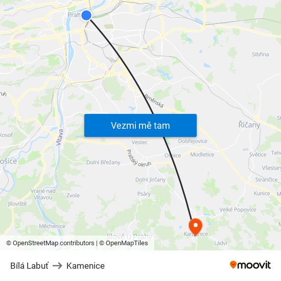 Bílá Labuť to Kamenice map