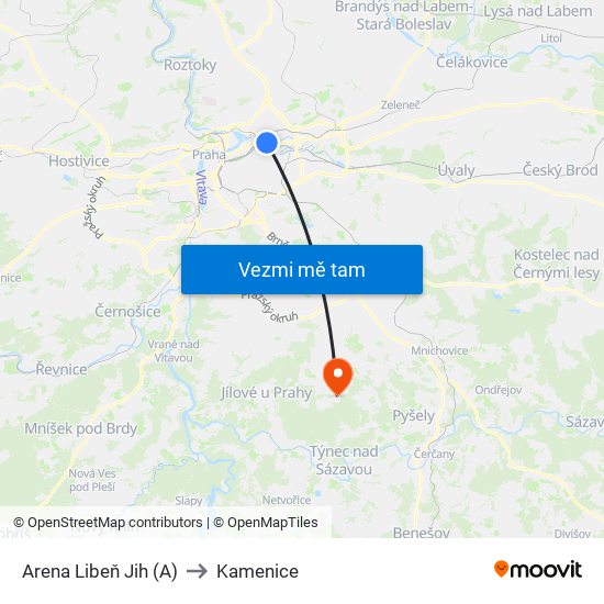 Arena Libeň Jih (A) to Kamenice map