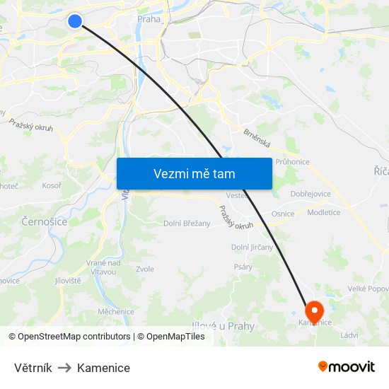 Větrník to Kamenice map