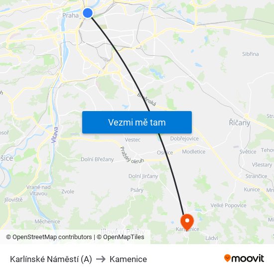 Karlínské Náměstí (A) to Kamenice map