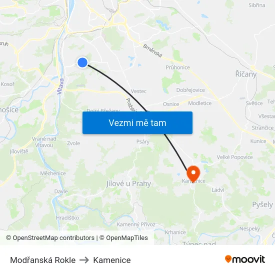 Modřanská Rokle to Kamenice map