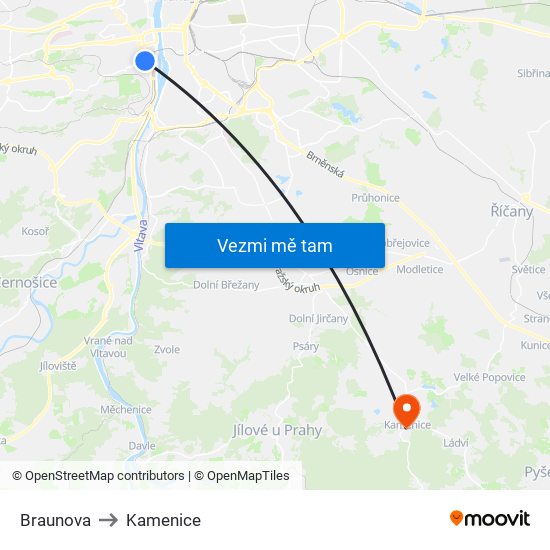 Braunova to Kamenice map