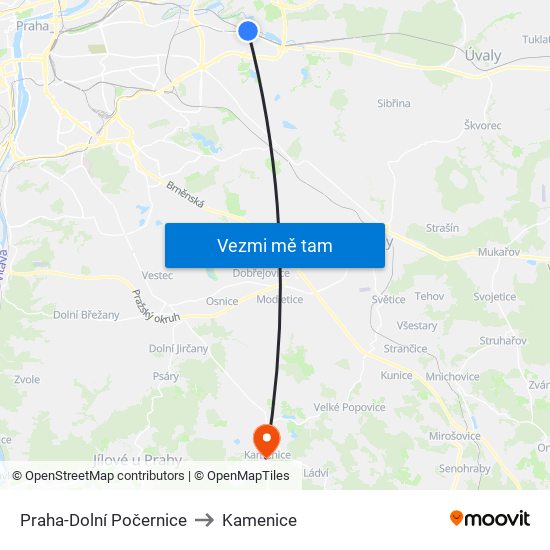 Praha-Dolní Počernice to Kamenice map