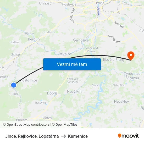 Jince, Rejkovice, Lopatárna to Kamenice map