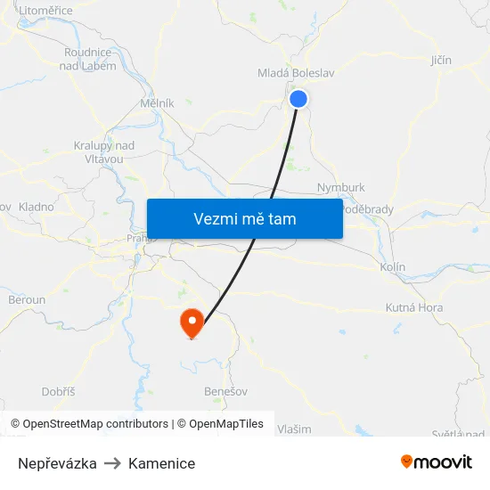 Nepřevázka to Kamenice map
