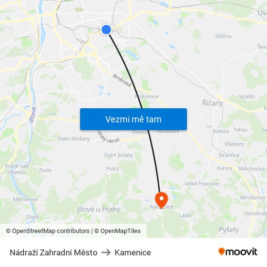 Nádraží Zahradní Město (A) to Kamenice map