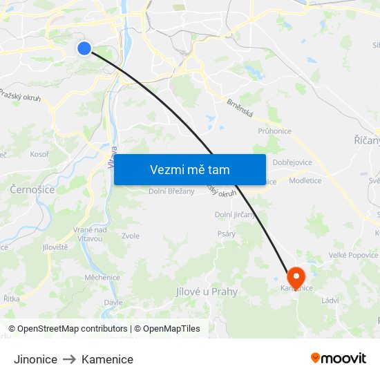 Jinonice to Kamenice map