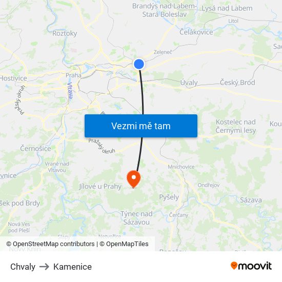 Chvaly to Kamenice map