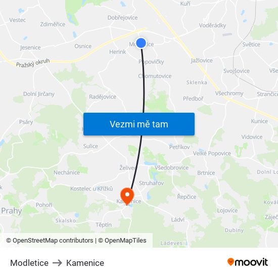 Modletice (A) to Kamenice map