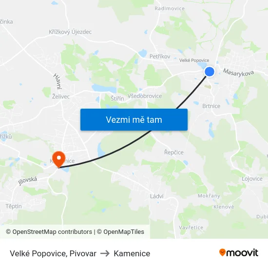 Velké Popovice, Pivovar to Kamenice map