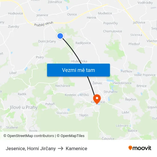 Jesenice, Horní Jirčany to Kamenice map