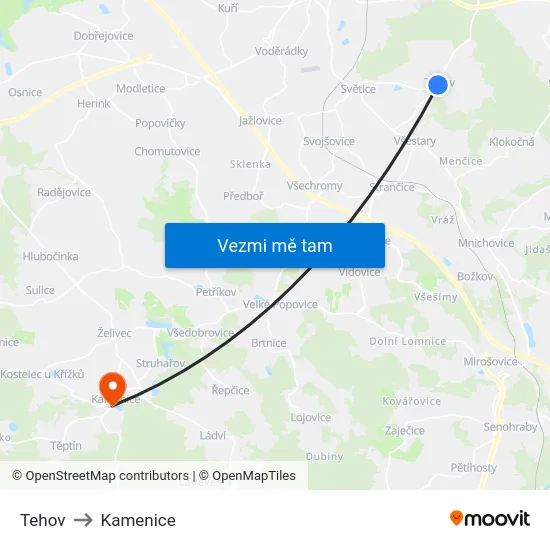 Tehov to Kamenice map