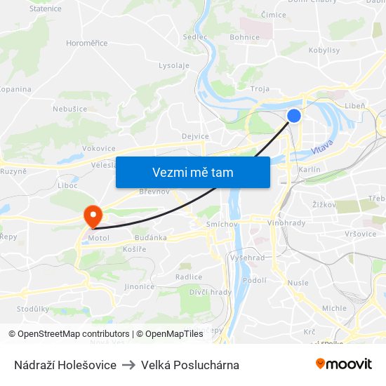 Nádraží Holešovice to Velká Posluchárna map