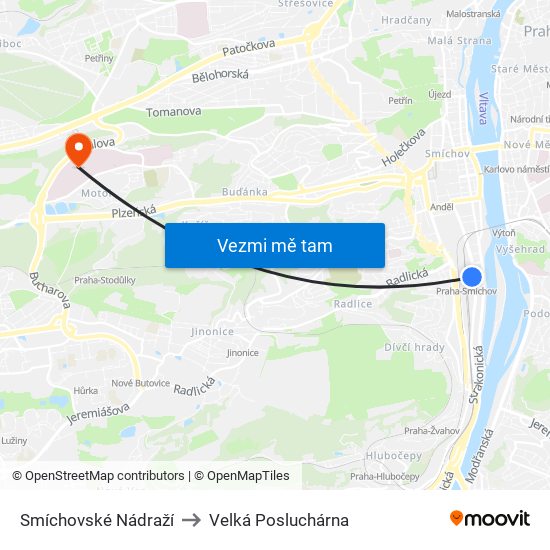 Smíchovské Nádraží to Velká Posluchárna map