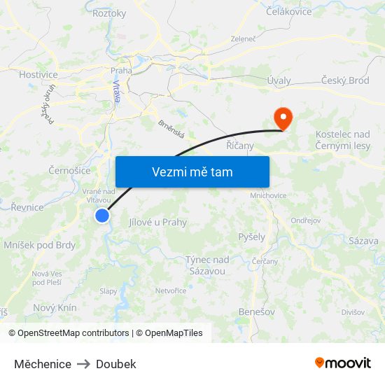 Měchenice to Doubek map