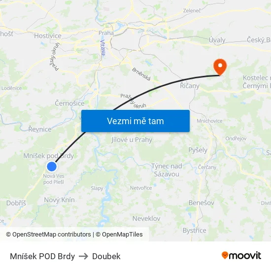 Mníšek POD Brdy to Doubek map