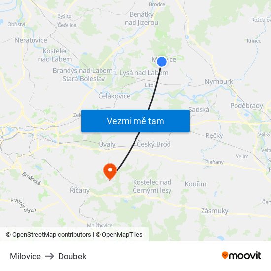 Milovice to Doubek map