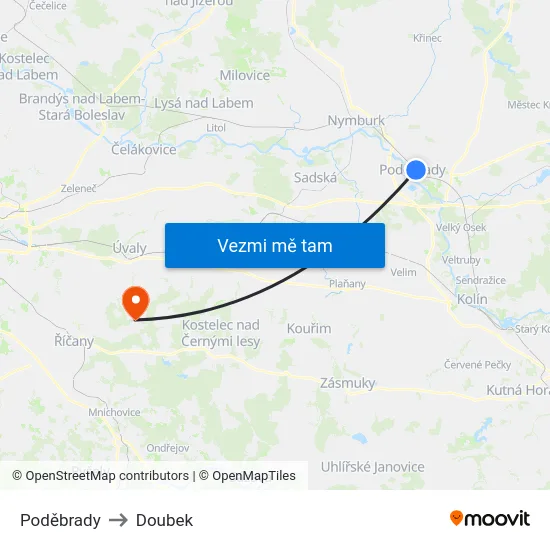 Poděbrady to Doubek map