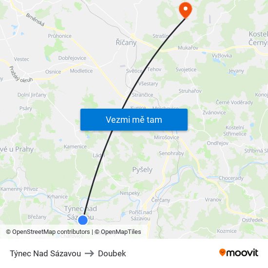 Týnec Nad Sázavou to Doubek map