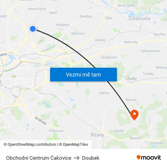 Obchodní Centrum Čakovice to Doubek map