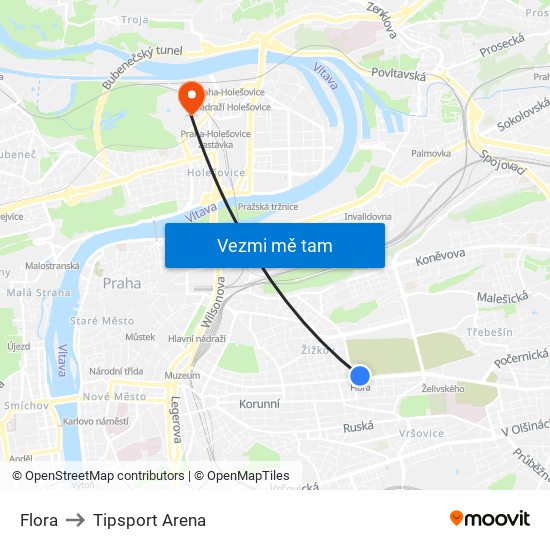 Flora to Tipsport Arena map