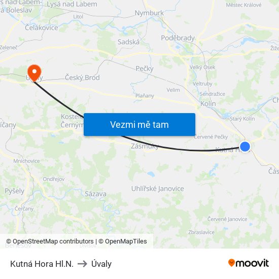 Kutná Hora Hl.N. to Úvaly map