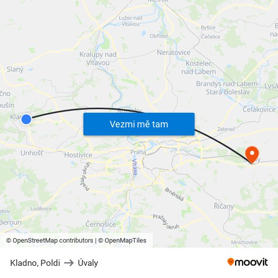 Kladno, Poldi (B) to Úvaly map